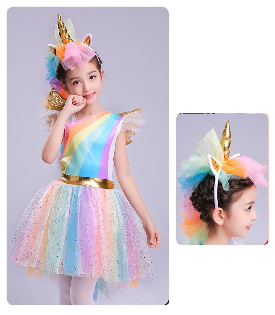 Girls' Rainbow Unicorn Costume Dress with Wings Set