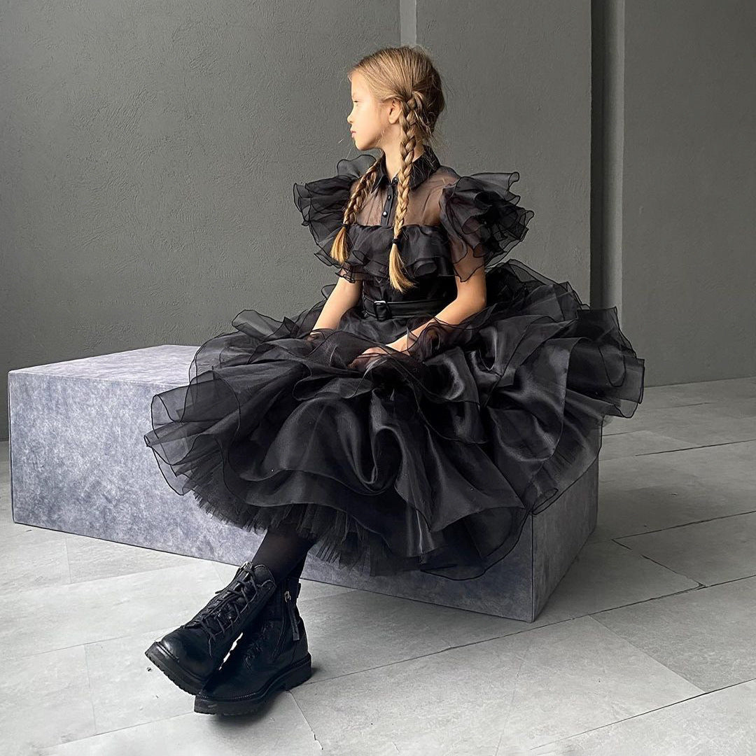 Girls' Gothic Princess Dress With Layered Tulle Skirt