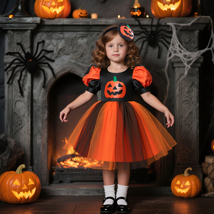 Girls' Halloween Pumpkin Costume Dress With Headband