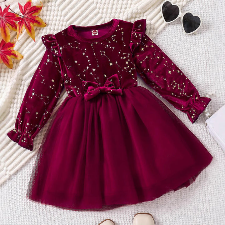 Girls' Velvet Princess Dress With Star Print Party Wear