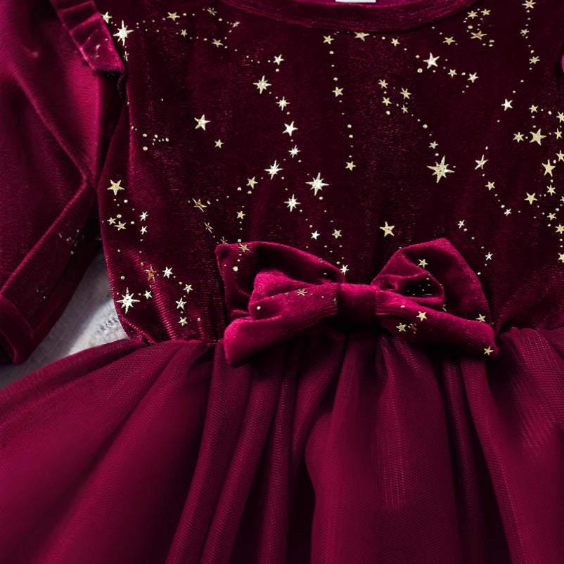 Girls' Velvet Princess Dress With Star Print Party Wear