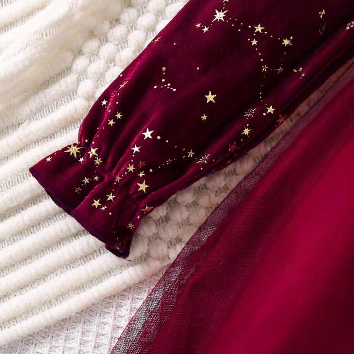 Girls' Velvet Princess Dress With Star Print Party Wear