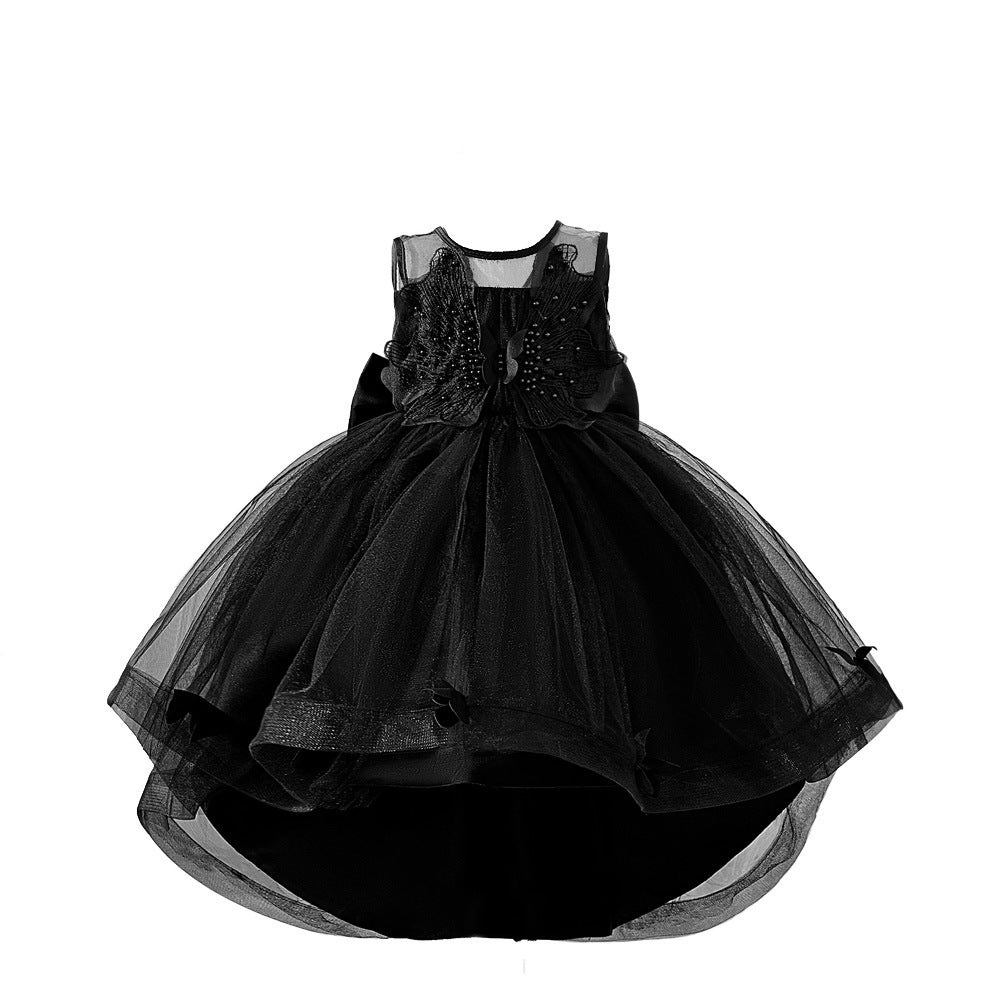 Girls' Princess Dress with Beaded Tulle Train, Black