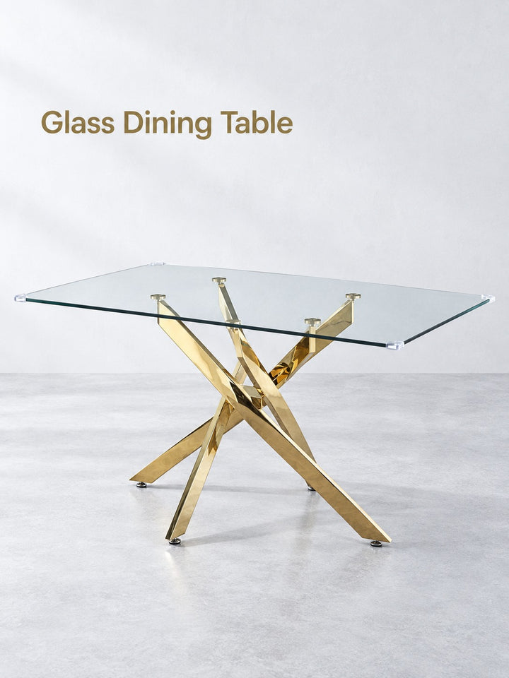 Glass Dining Table with Gold X-Base for Small Rooms