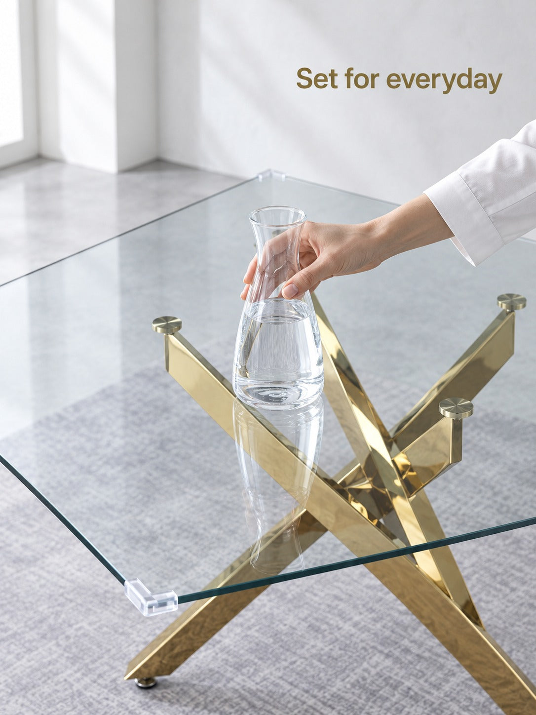 Glass Dining Table with Gold X-Base for Small Rooms