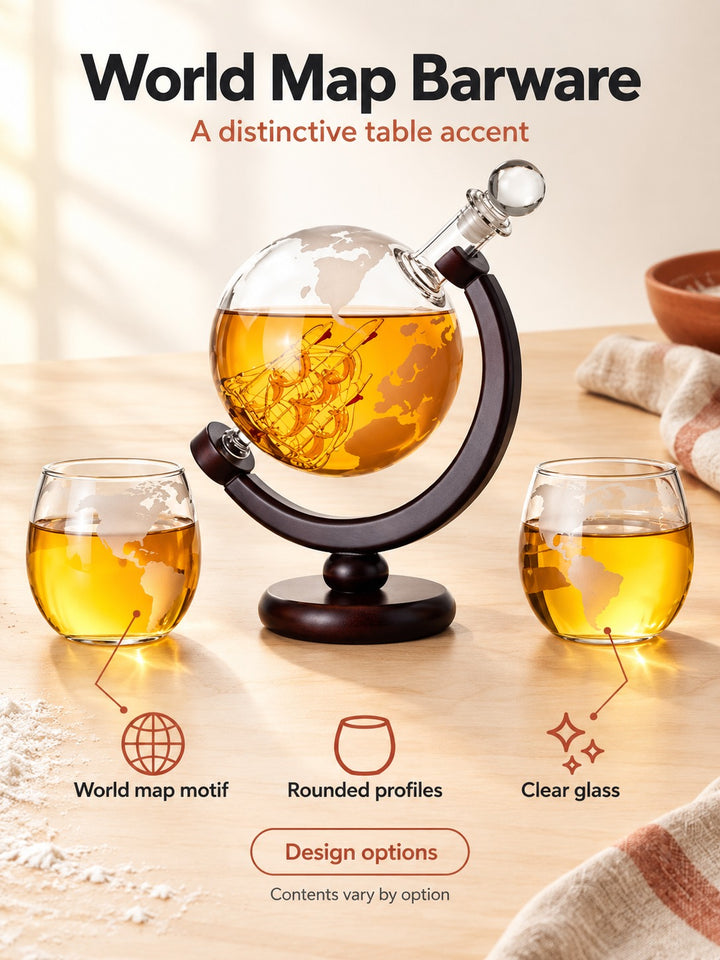 Globe Whiskey Decanter Set with Ship Inside and 4 Glasses