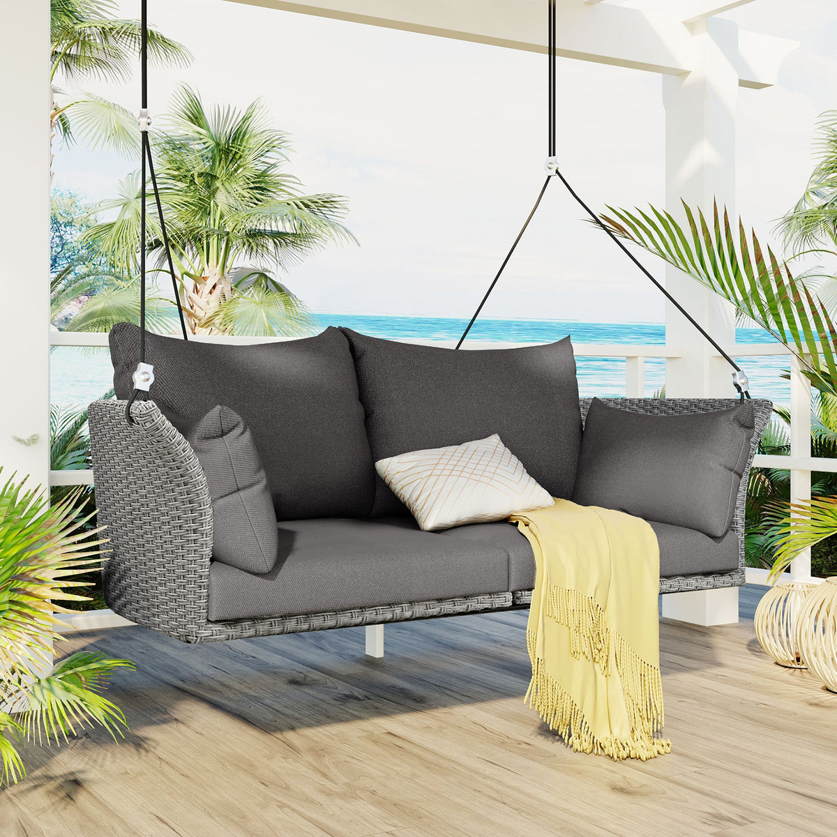 2-Person Wicker Porch Swing with Removable Cushions