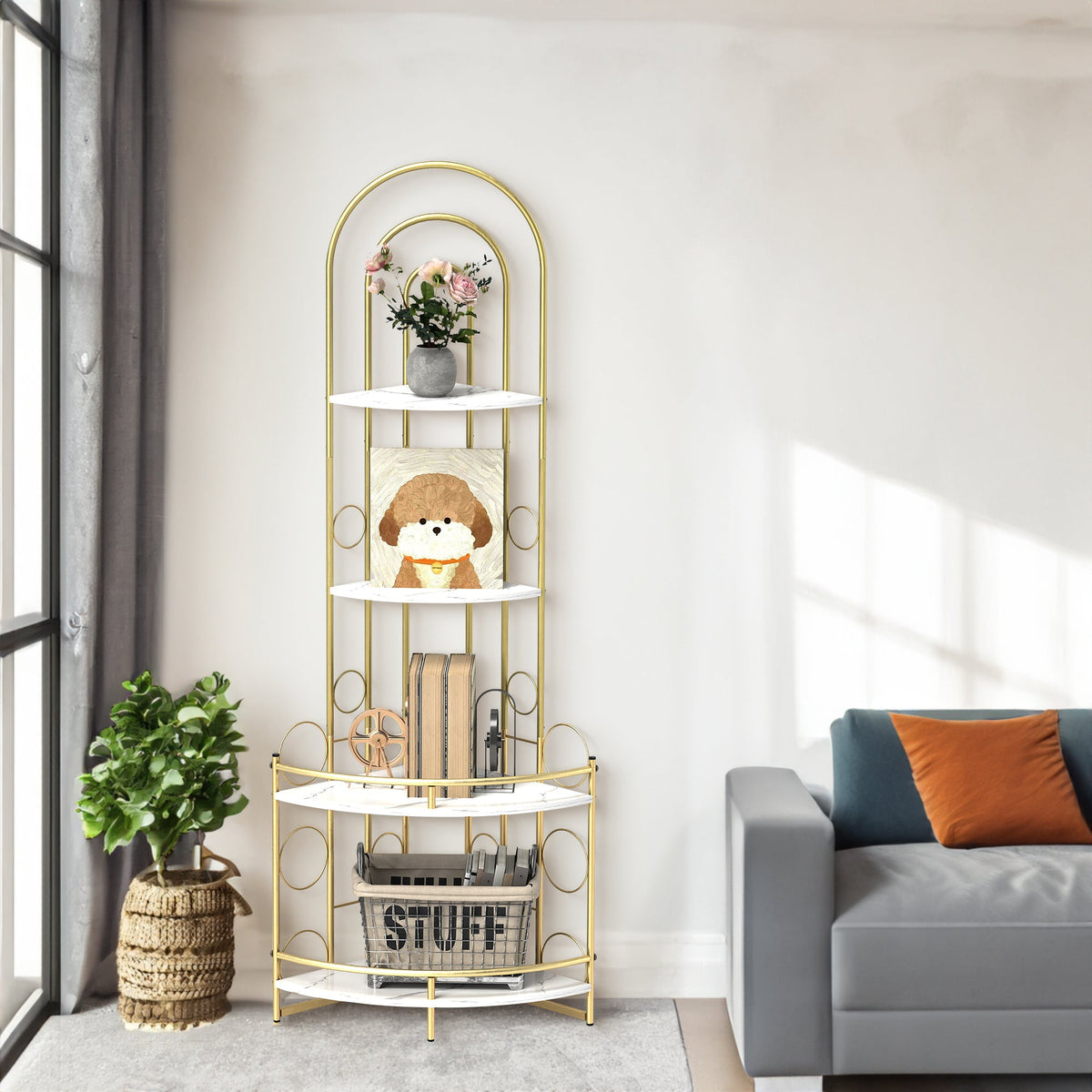 Modern Gold Arched Corner Bookshelf with Plant Stand