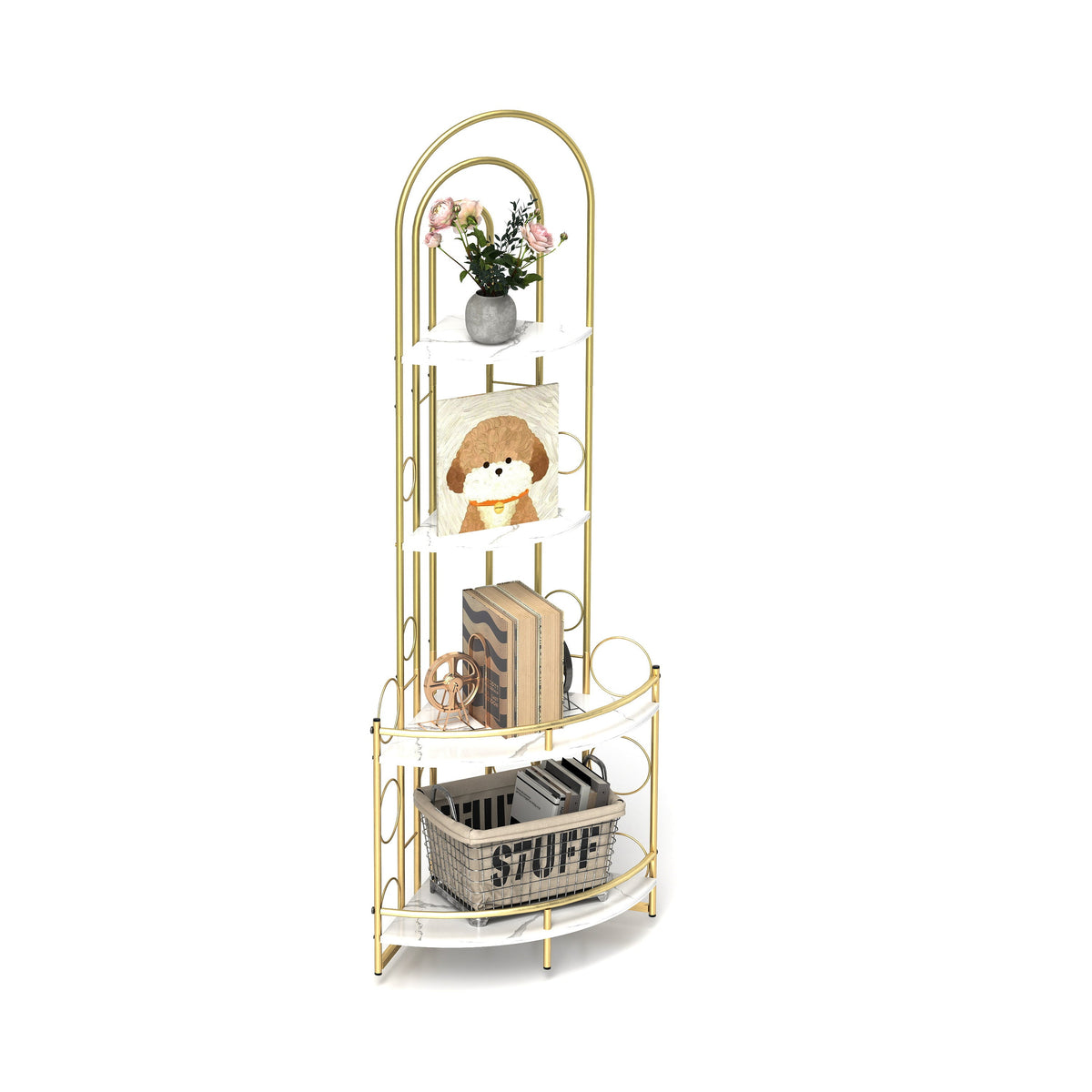 Modern Gold Arched Corner Bookshelf with Plant Stand