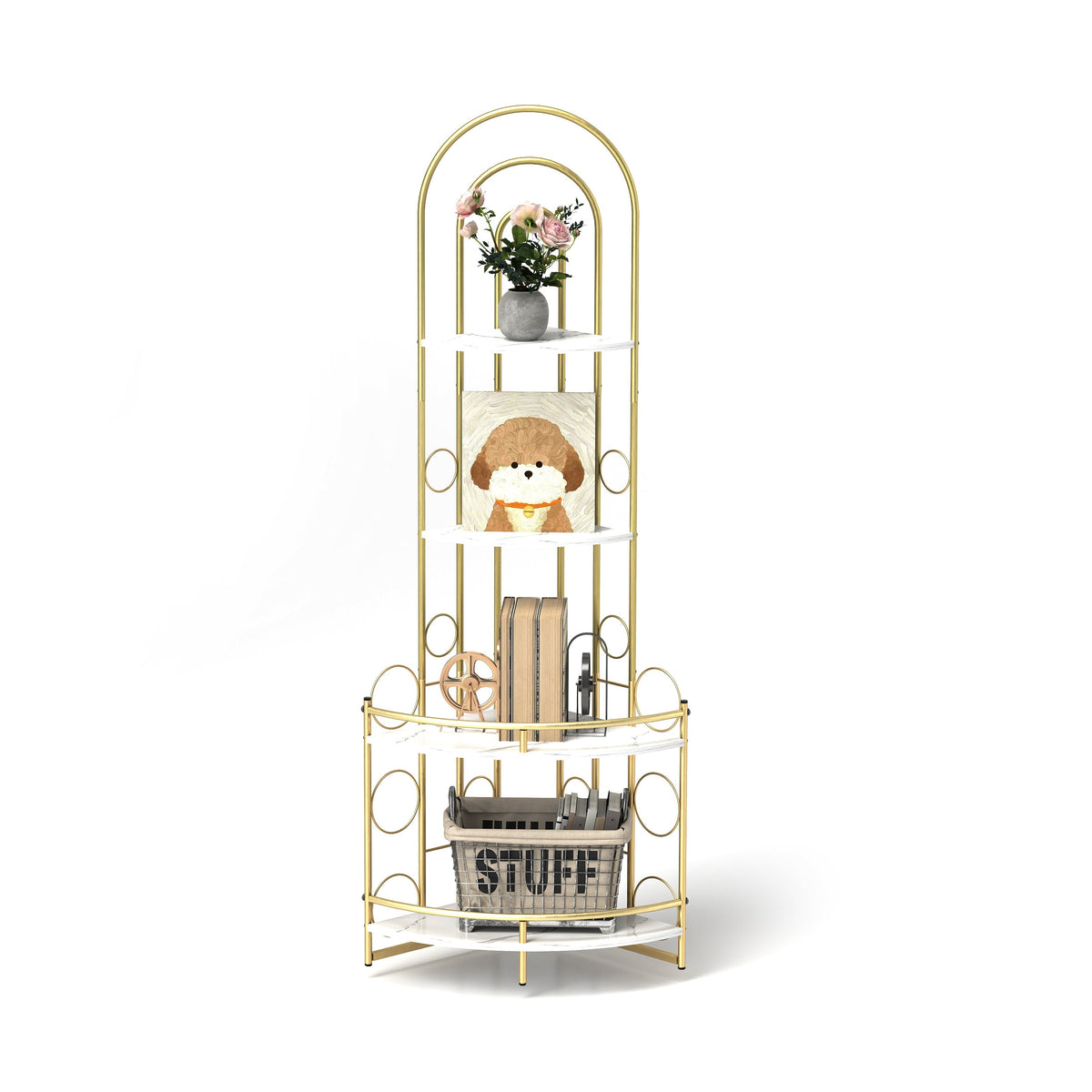 Modern Gold Arched Corner Bookshelf with Plant Stand