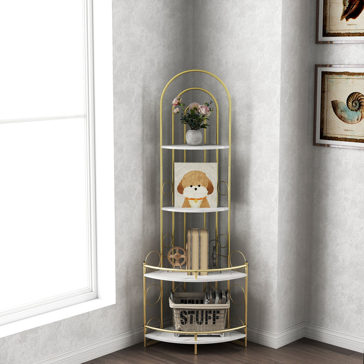 Modern Gold Arched Corner Bookshelf with Plant Stand