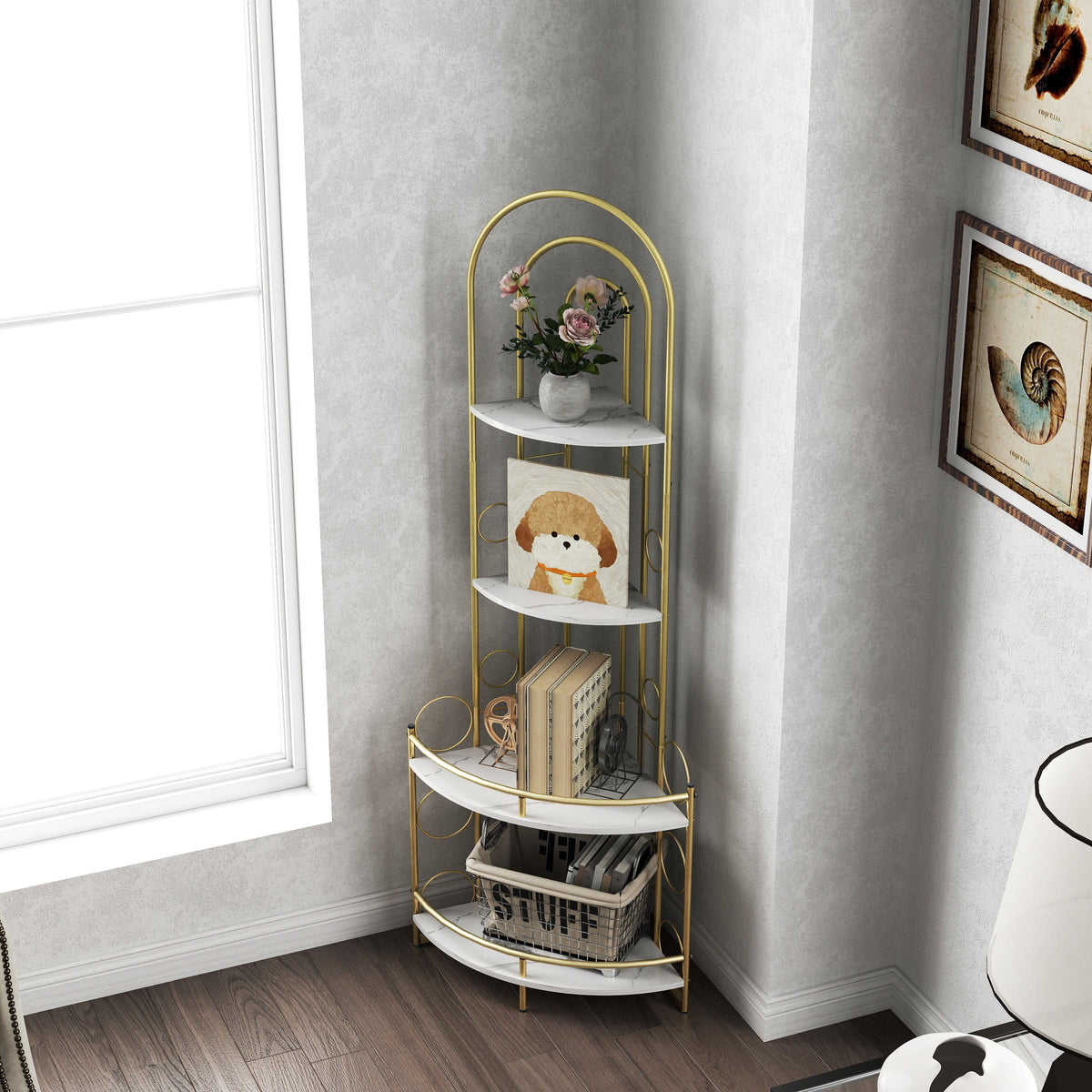 Modern Gold Arched Corner Bookshelf with Plant Stand