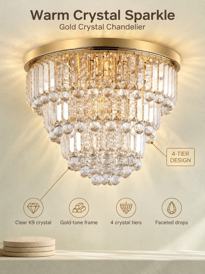 Gold Crystal Chandelier with 4-Tier K9 Crystal Drops