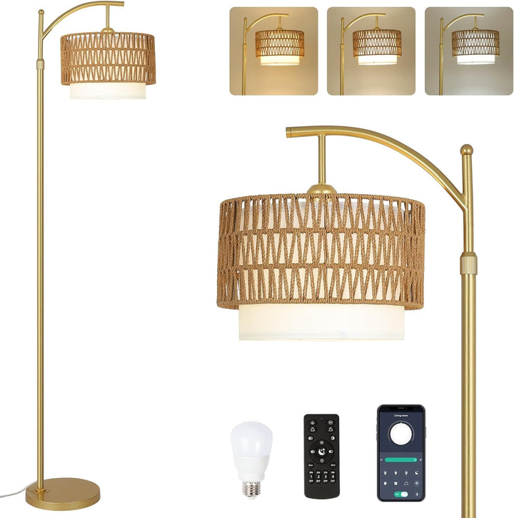 Modern Gold Arc Floor Lamp with Remote & Dimmable LED