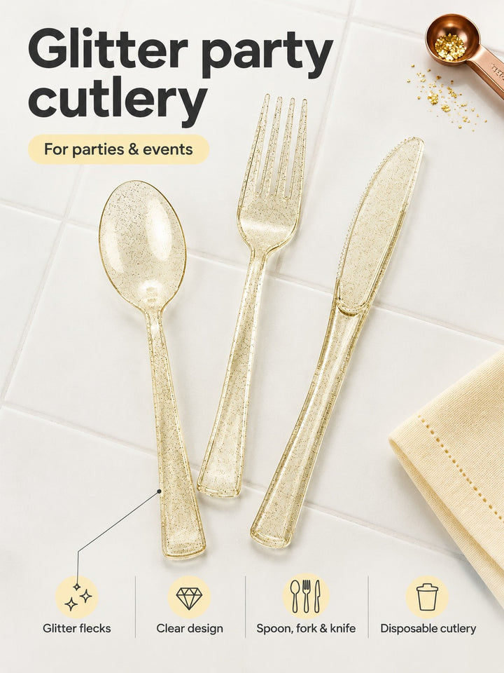 Gold Glitter Disposable Party Cutlery Set for Events