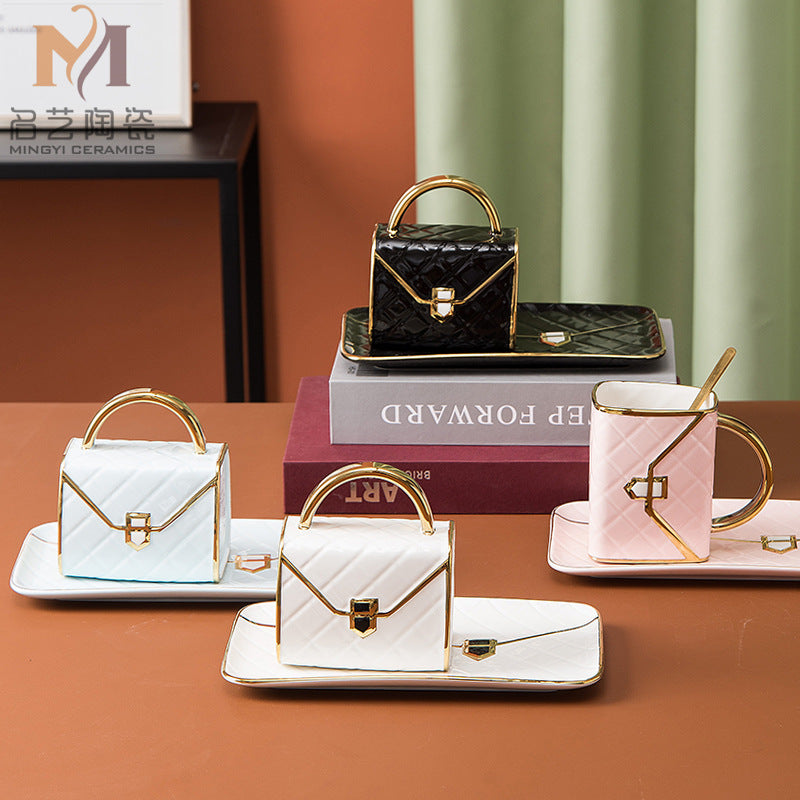 Handbag Coffee Cup and Saucer Set with Gold Trim