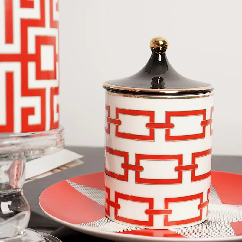 Gold Trim Ceramic Candle Jar with Lid and Storage