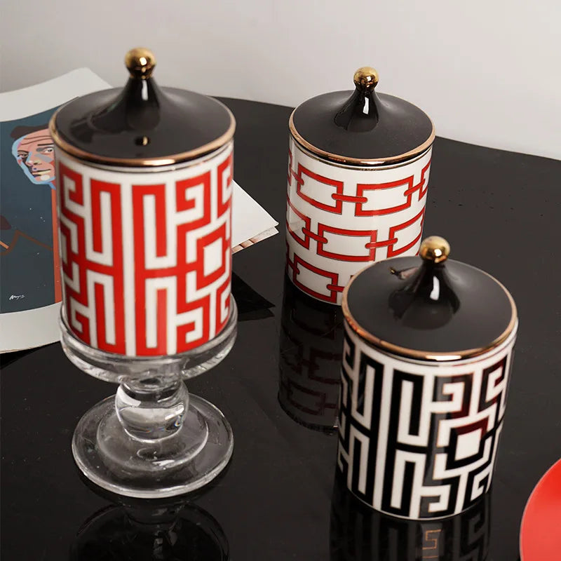 Gold Trim Ceramic Candle Jar with Lid and Storage