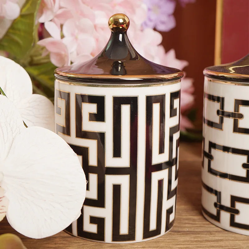 Gold Trim Ceramic Candle Jar with Lid and Storage