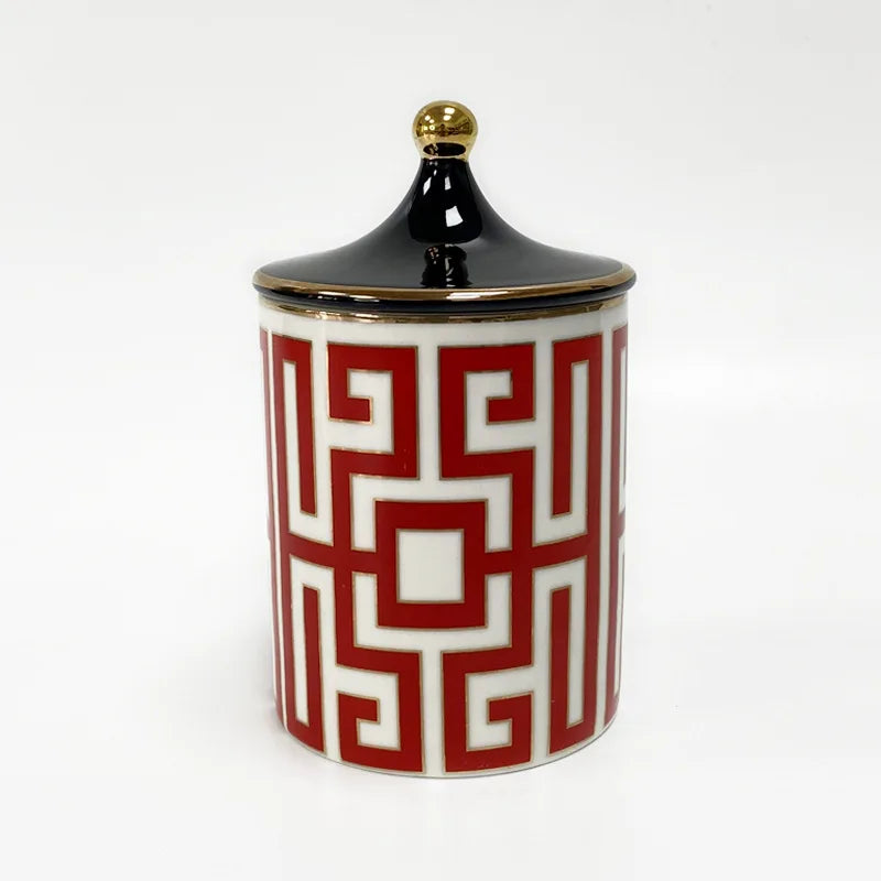 Gold Trim Ceramic Candle Jar with Lid and Storage