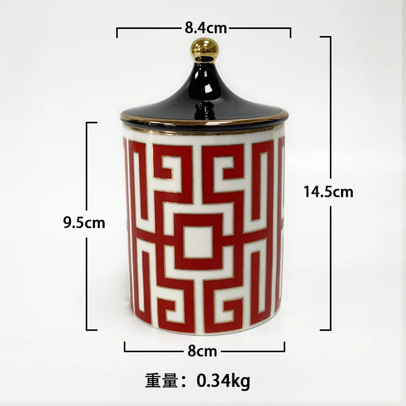 Gold Trim Ceramic Candle Jar with Lid and Storage