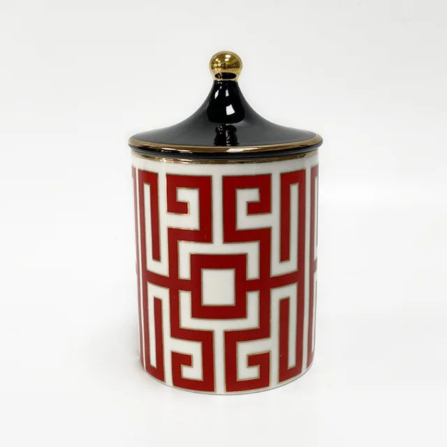 Gold Trim Ceramic Candle Jar with Lid and Storage