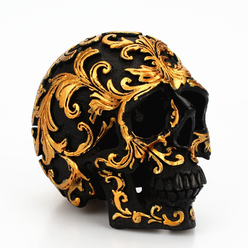 Gothic Skull Ornament – Black and Gold Floral Decor
