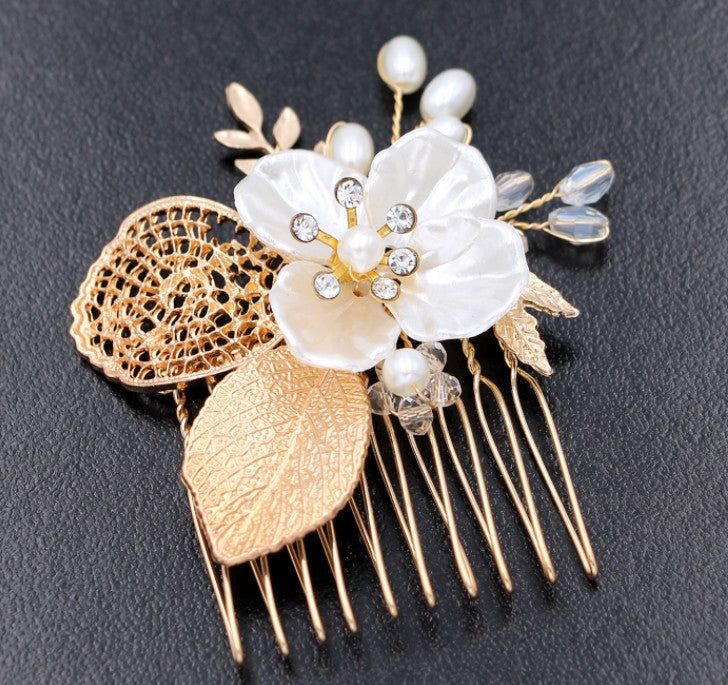 Gold Leaf Bridal Hair Comb with Pearls and Crystals