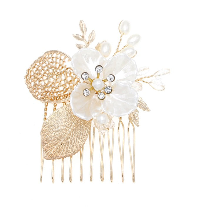 Gold Leaf Bridal Hair Comb with Pearls and Crystals