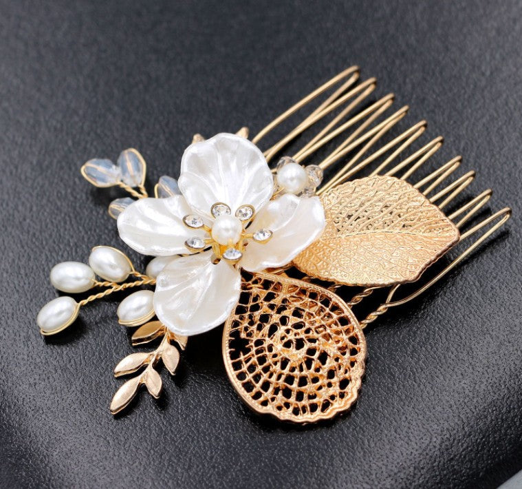 Gold Leaf Bridal Hair Comb with Pearls and Crystals