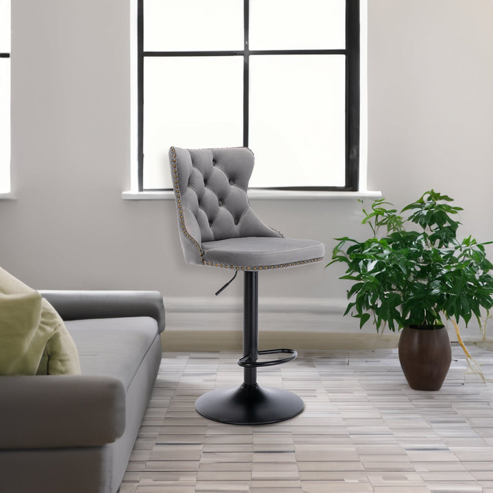 Gray Tufted Velvet Bar Stools with Back, Set of 2 Swivel