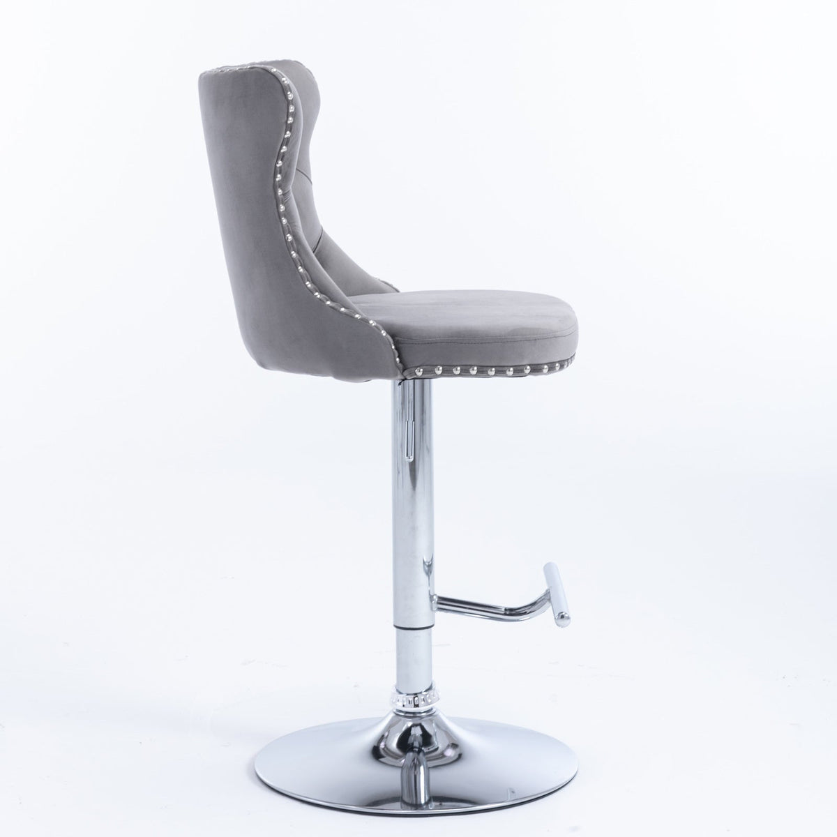 Tufted Gray Velvet Bar Stools With Chrome Base