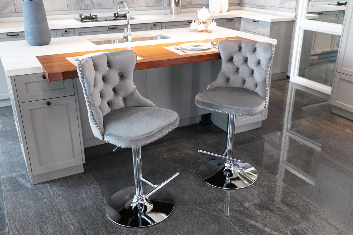 Tufted Gray Velvet Bar Stools With Chrome Base
