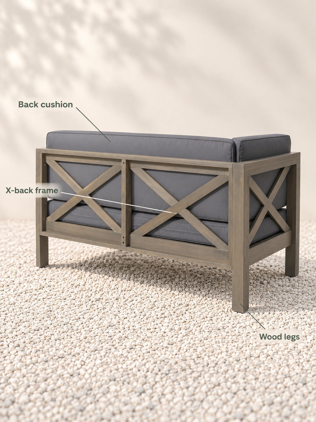 Gray Wood Corner Bench with X-Back Design for Patios