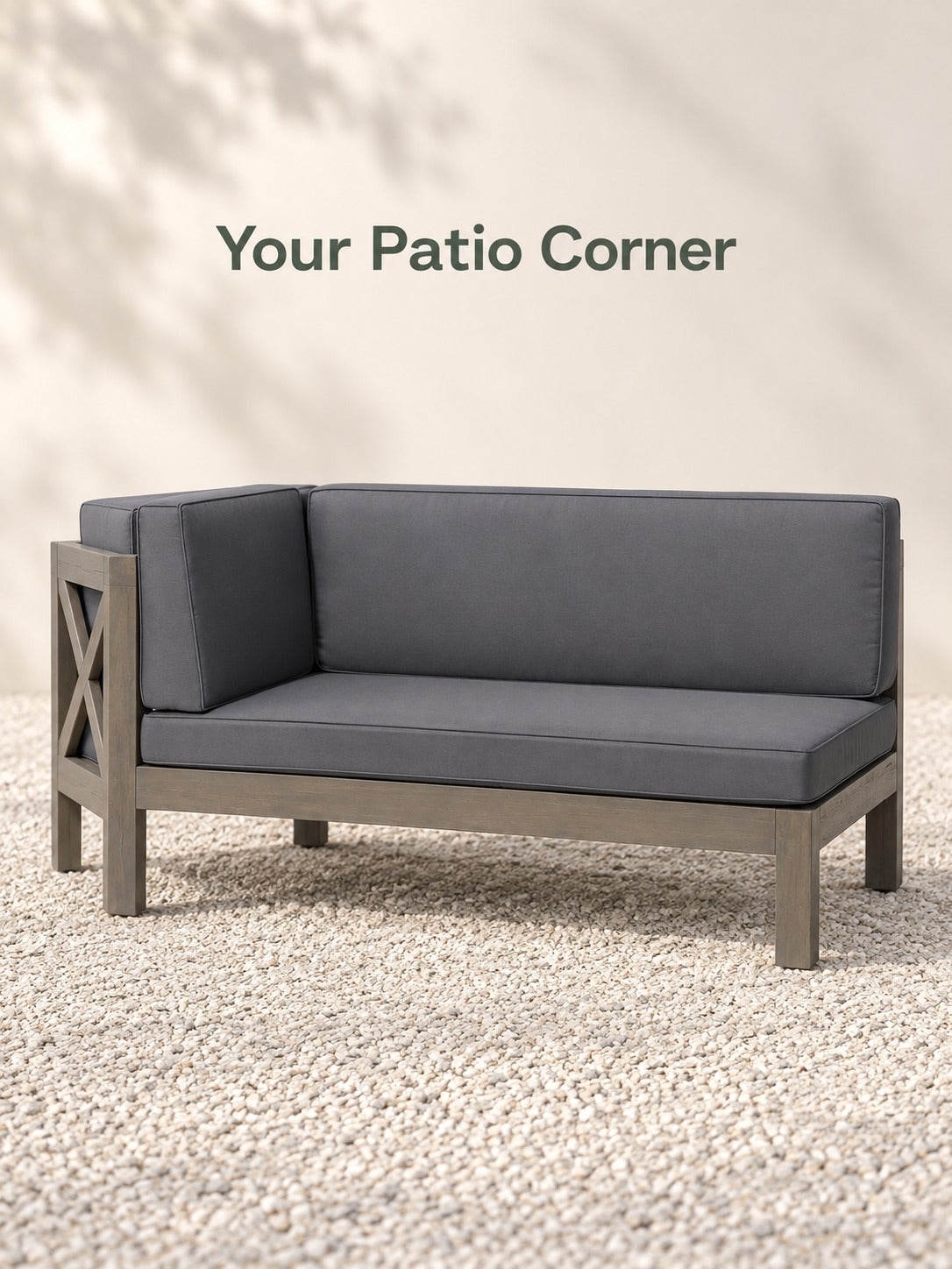 Gray Wood Corner Bench with X-Back Design for Patios