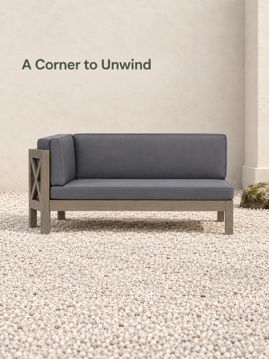 Gray Wood Corner Bench with X-Back Design for Patios