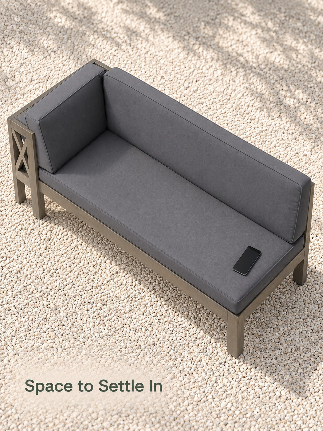 Gray Wood Corner Bench with X-Back Design for Patios