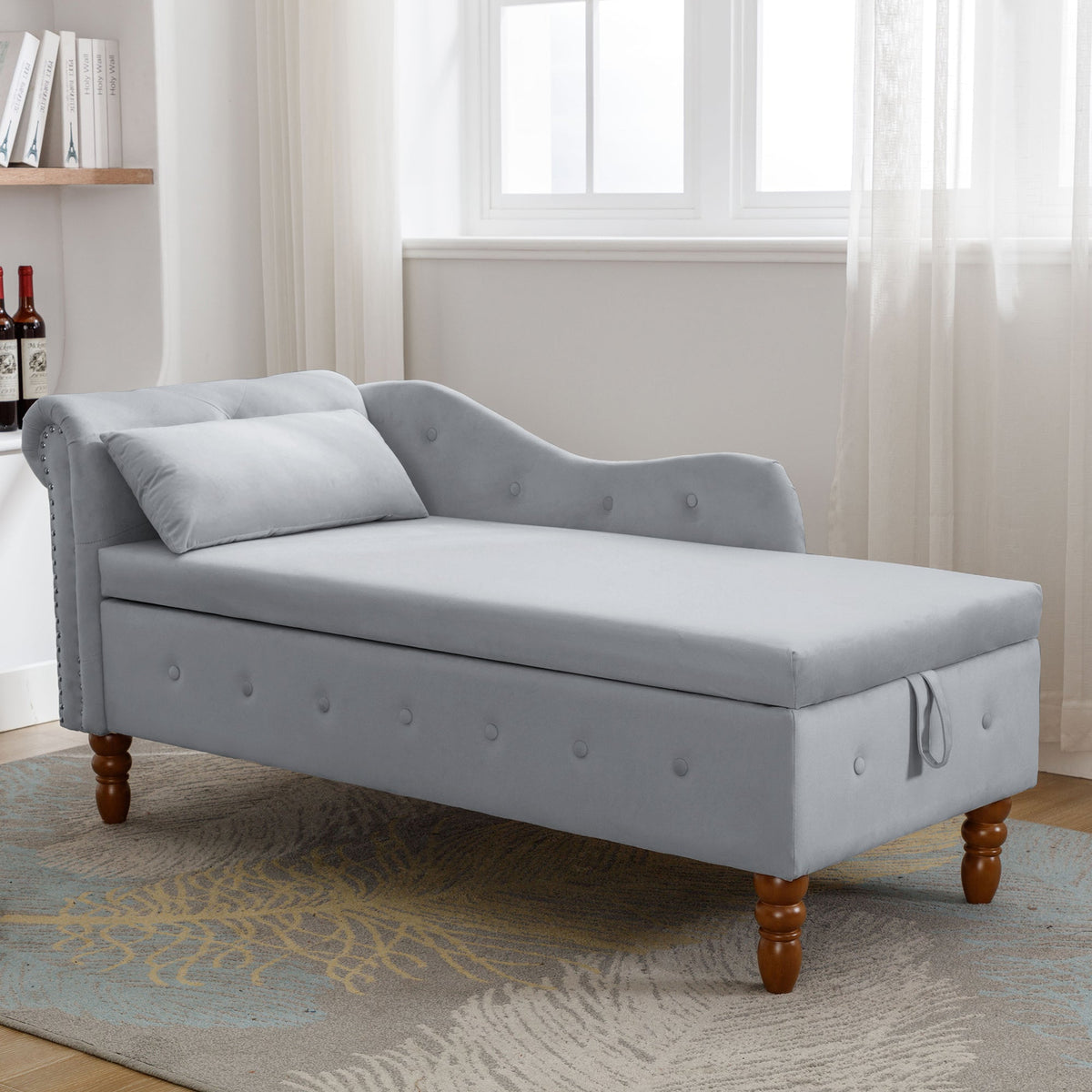 Grey Velvet Chaise Lounge with Storage for Bedroom