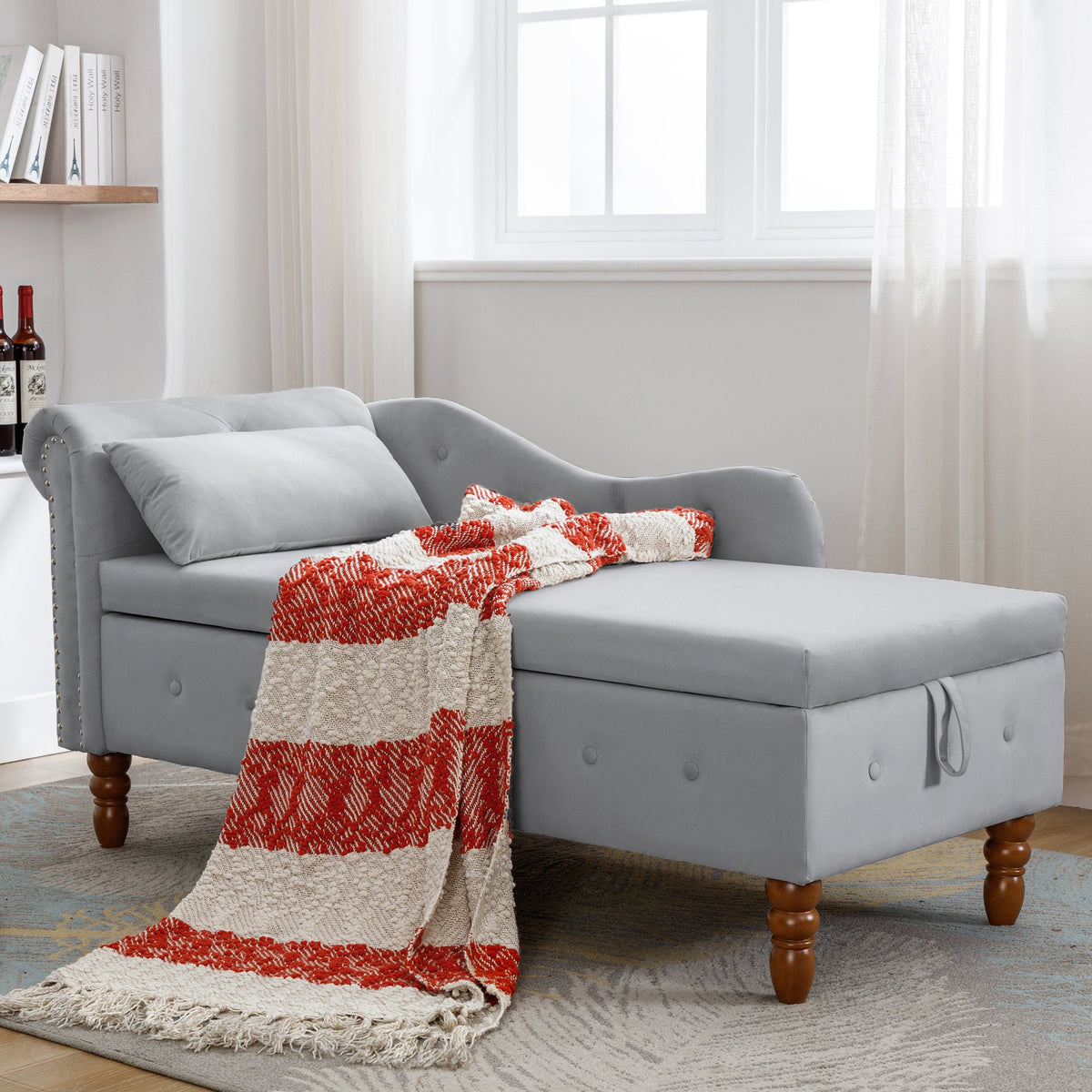 Grey Velvet Chaise Lounge with Storage for Bedroom