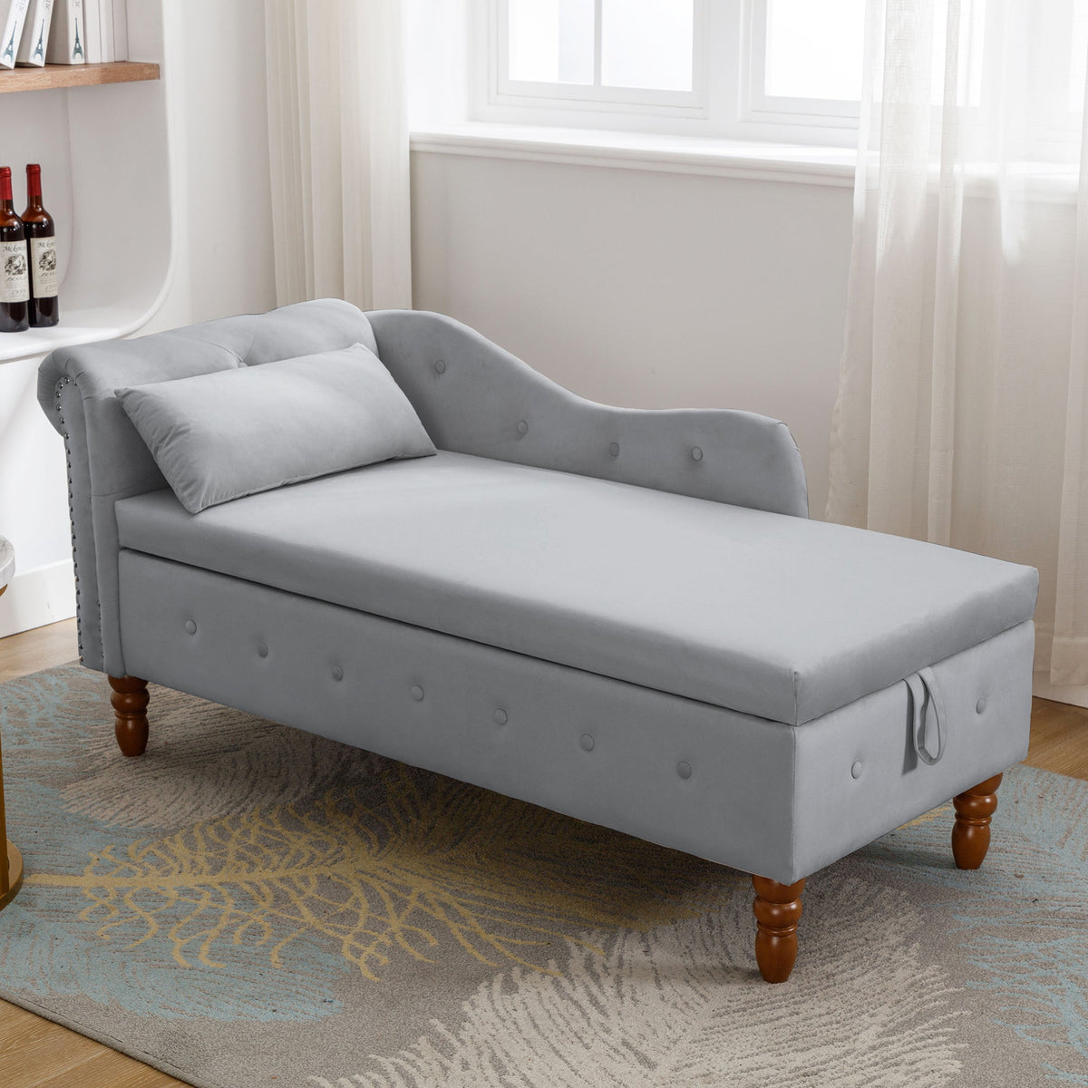 Grey Velvet Chaise Lounge with Storage for Bedroom