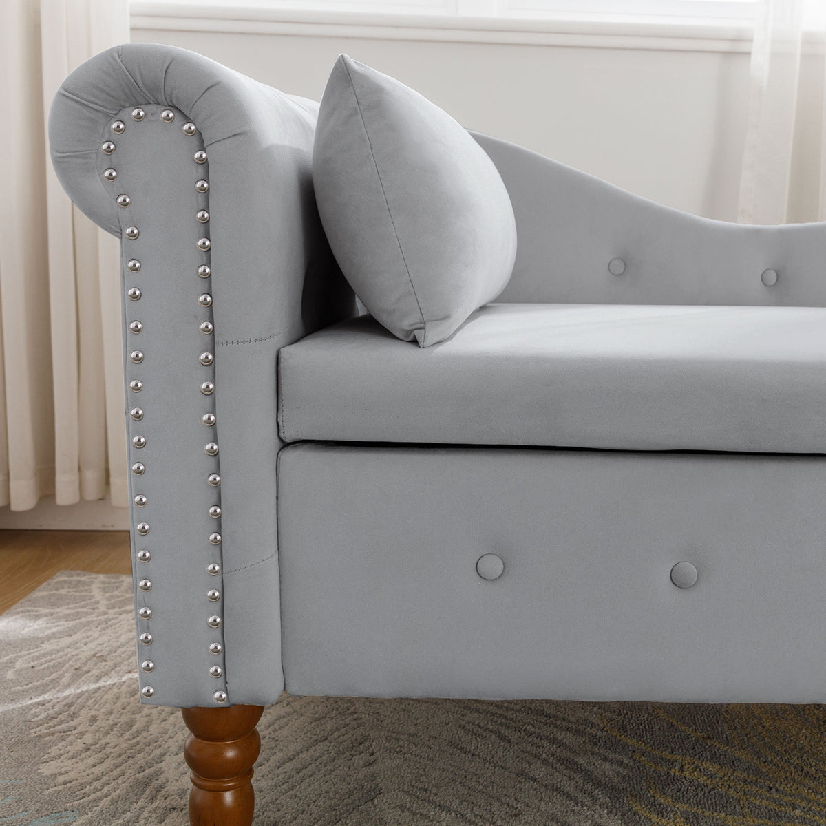 Grey Velvet Chaise Lounge with Storage for Bedroom