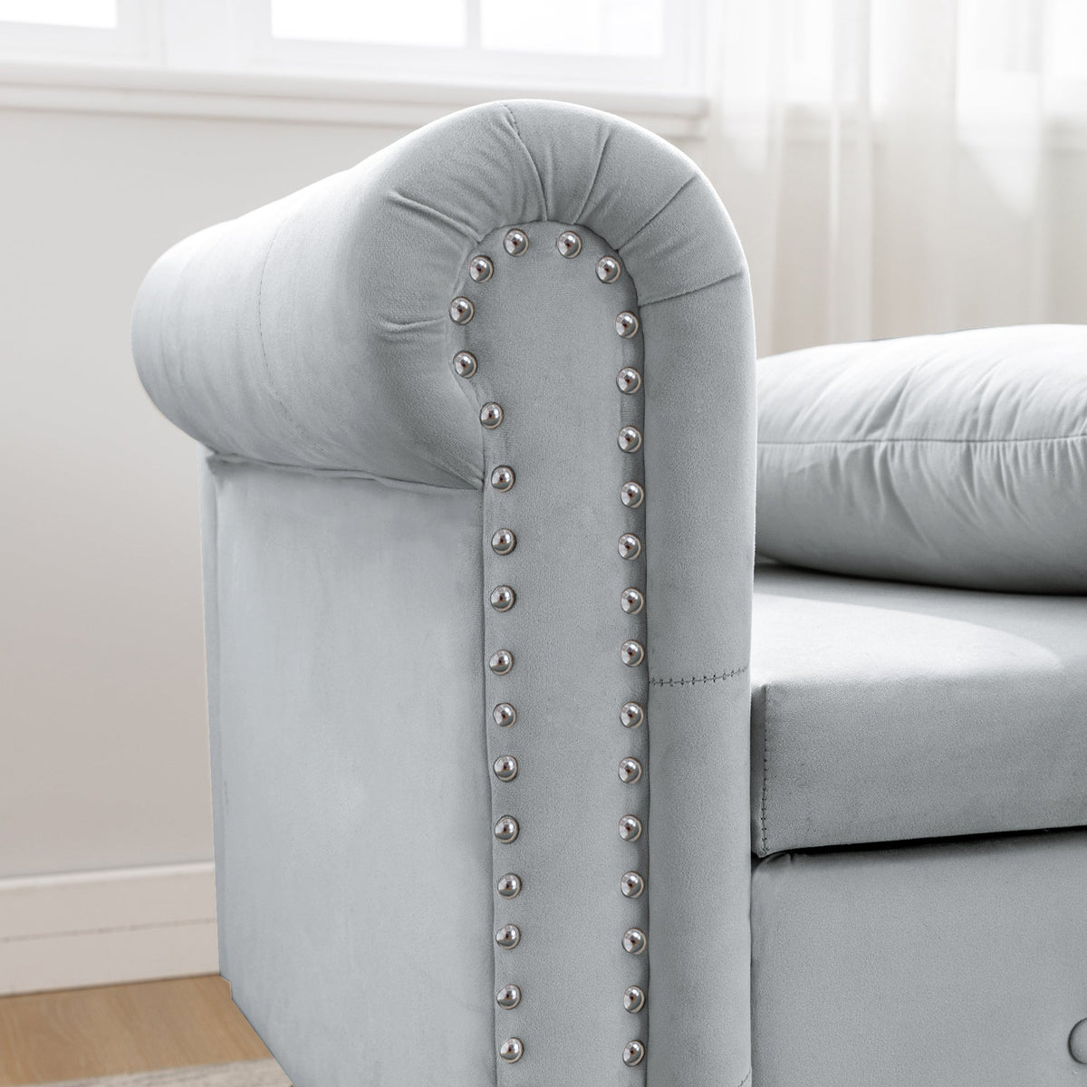 Grey Velvet Chaise Lounge with Storage for Bedroom