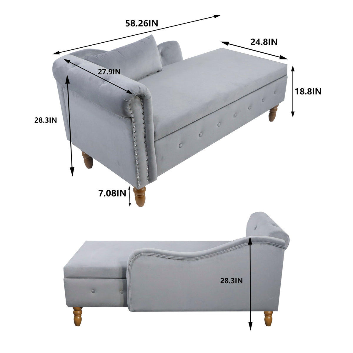 Grey Velvet Chaise Lounge with Storage for Bedroom