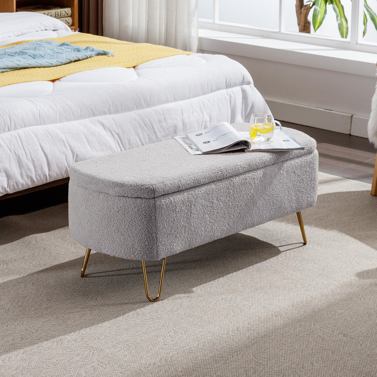 Grey Bouclé Storage Ottoman Bench with Gold Legs