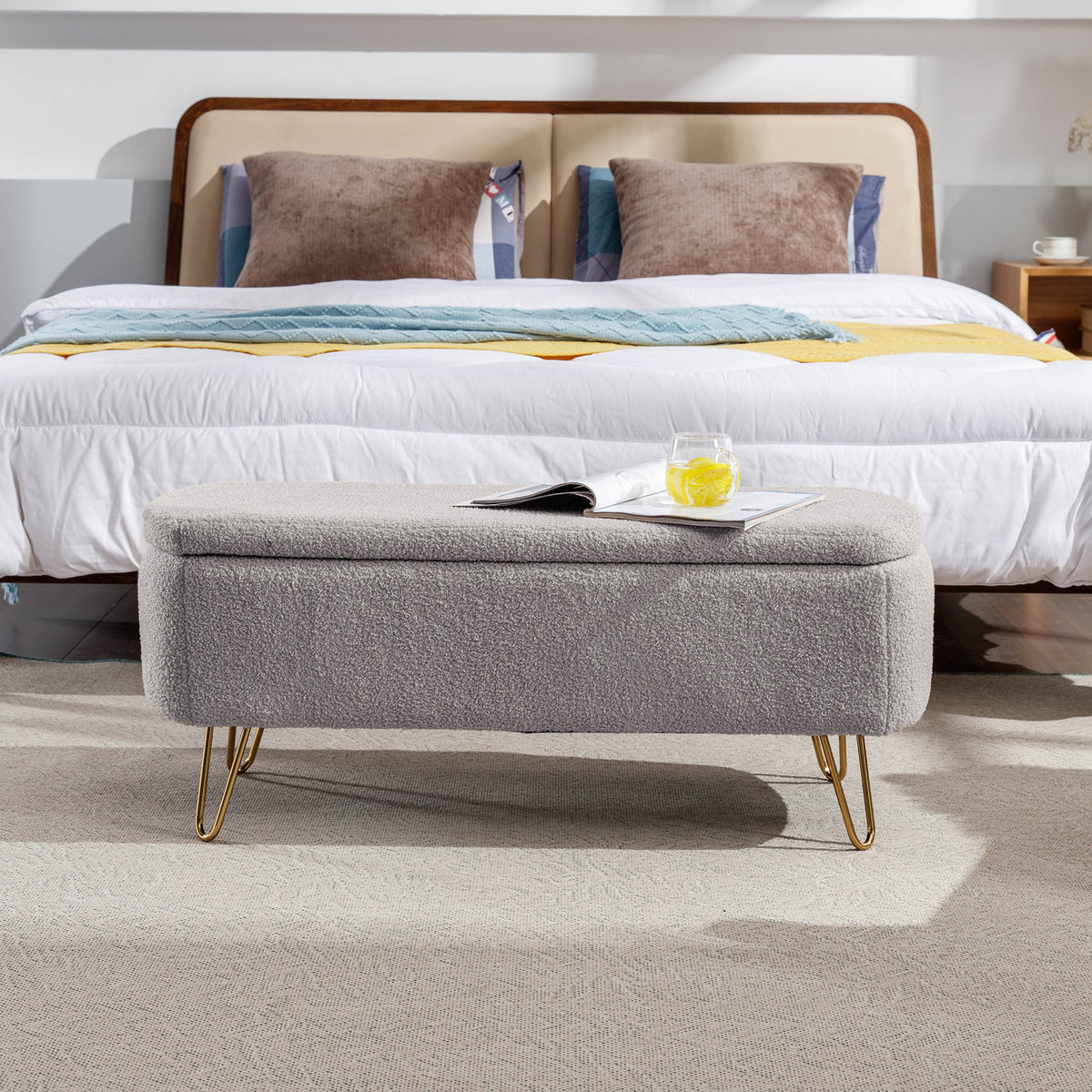 Grey Bouclé Storage Ottoman Bench with Gold Legs