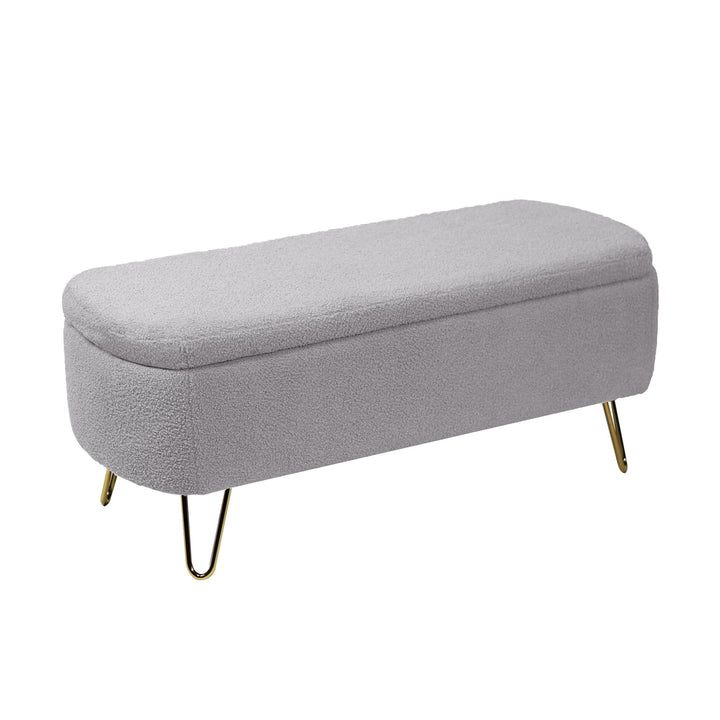 Grey Bouclé Storage Ottoman Bench with Gold Legs