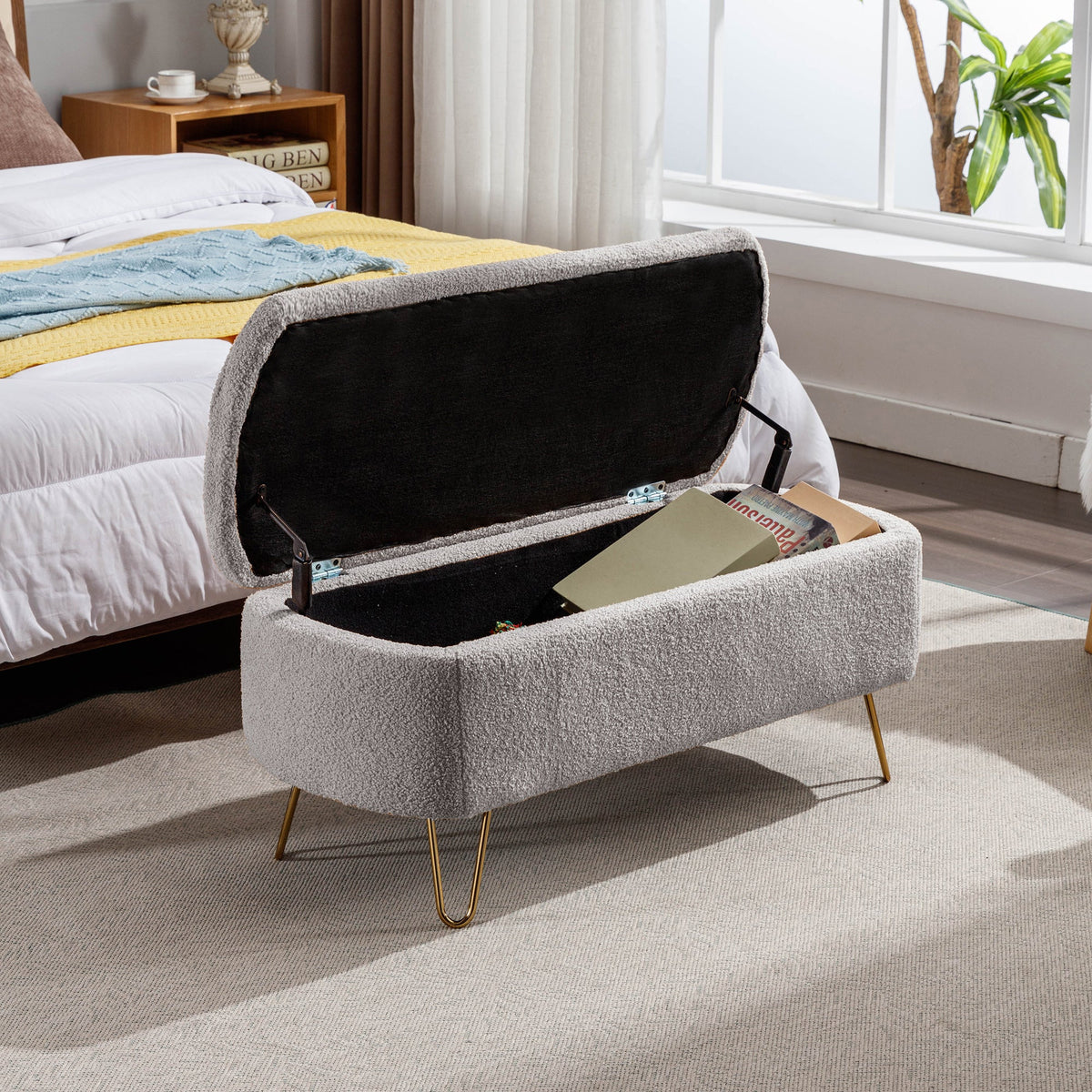 Grey Bouclé Storage Ottoman Bench with Gold Legs