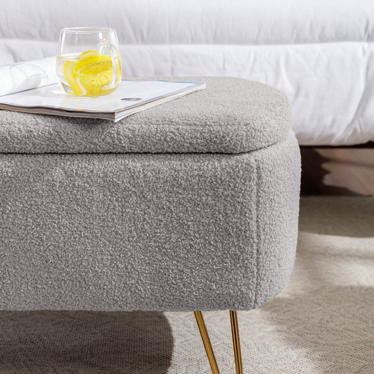 Grey Bouclé Storage Ottoman Bench with Gold Legs