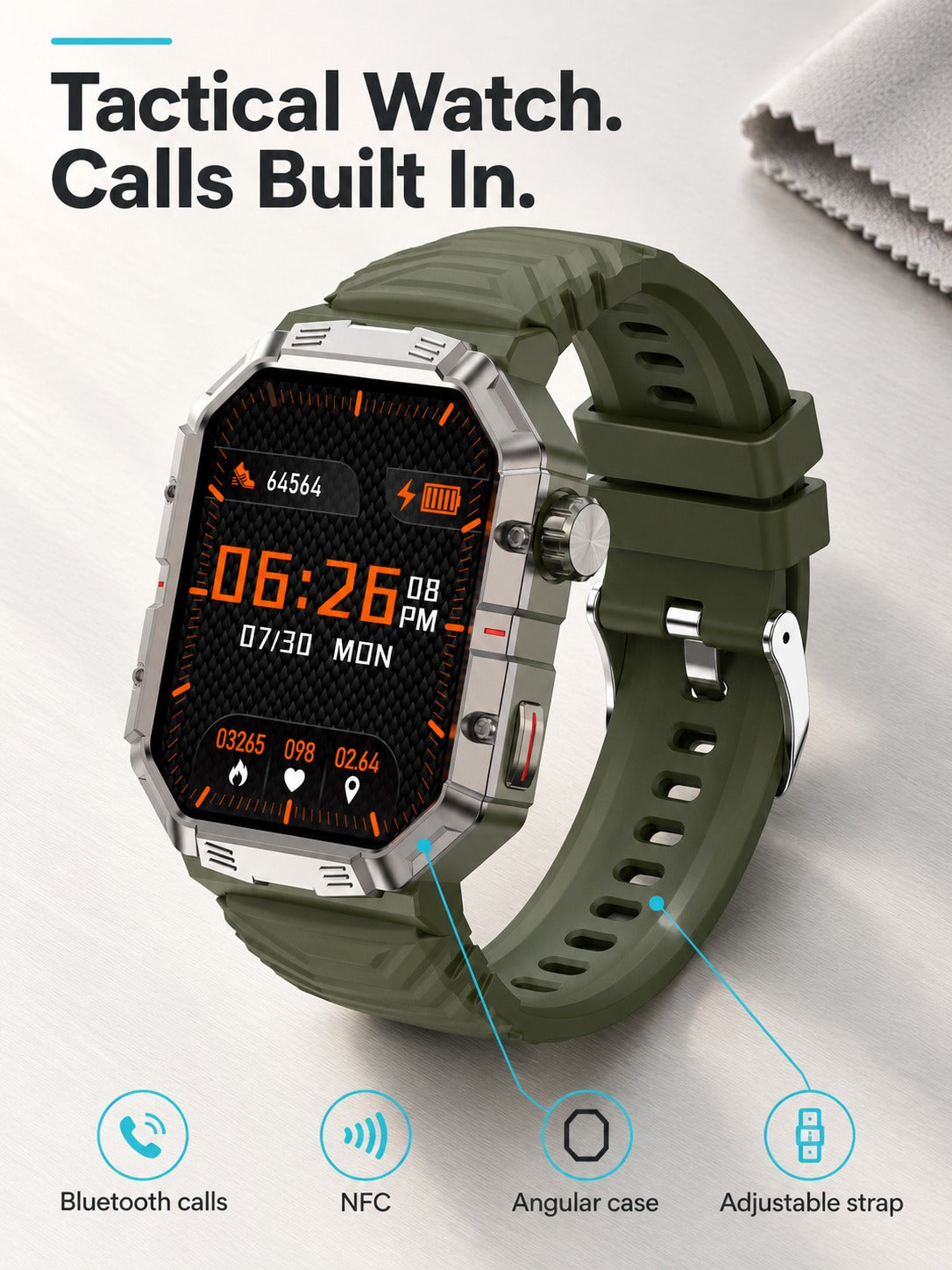 Rugged Military Smartwatch with Bluetooth Calling & NFC