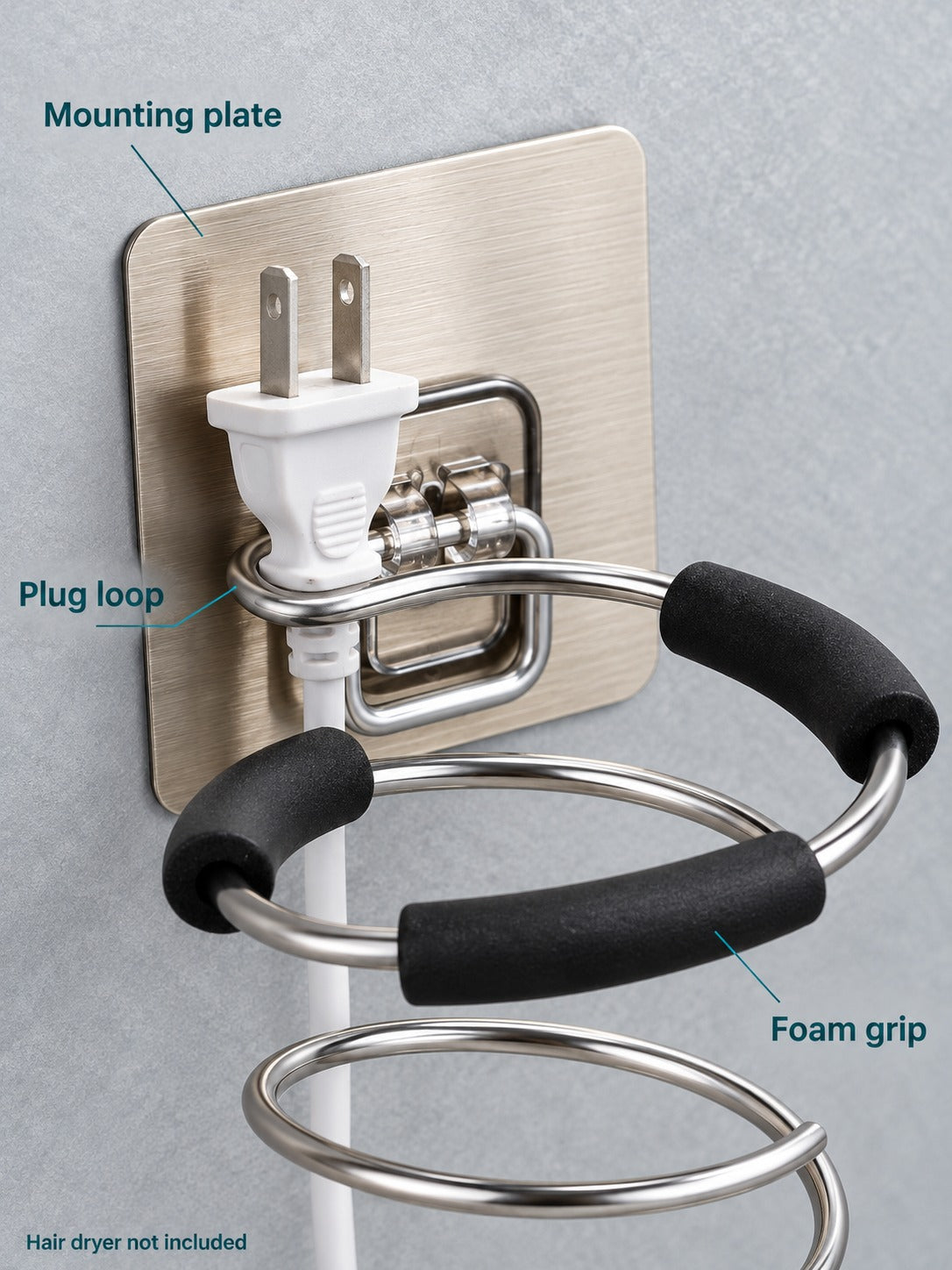 Hair Dryer Holder Wall Mount, No-Drill Stainless Steel